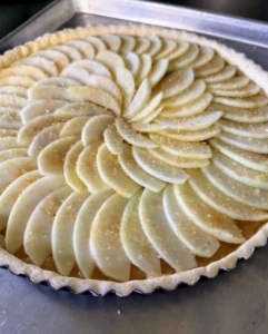 Chef Jeff began preparations early. This is my Applesauce Tart before it's baked. It's made with thin, peeled apples from my orchard arranged in concentric circles on top of a buttery, flaky crust. Be sure to use my recipe from MARTHA: The Cookbook. You'll make it again and again this season.