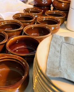 When selecting the right bowls for any dish, always consider: the primary purpose - if they are for an appetizer or main course; what kind of soup - broth, cream, stew, etc.; and whether the event is formal or casual. And select plates and bowls early, so there is no rush later. These medium sized crocks are perfect for French Onion Soup.
