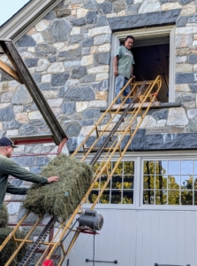 The apparatus works as a pulley system on a track that moves the bales up to the loft.