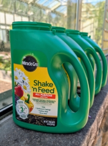Fertilizer replaces lost nutrients, so levels are acceptable for healthy growth. I use Miracle-Gro Shake 'n Feed All Purpose Plant Food, a slow-release fertilizer formulated to nourish a wide variety of plants for up to three months.