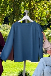 This is my Comfort Stretch Bateau Neck Top in mallard blue. It is also available in chateau grey and Myristica brown. It features dropped armhole shoulder details with angled seams.
