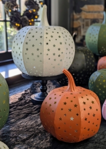 In the afternoon, I shared my latest Halloween décor. This collection has so many wonderful items. Here are two of my signature Illuminated Stargazer Metal Pumpkins - great indoors and out. These pumpkins come in two sizes - 15 inch and 10 inch. They both have star-shaped cutouts and two light modes, steady on or twinkle. They are available in orange, ivory...