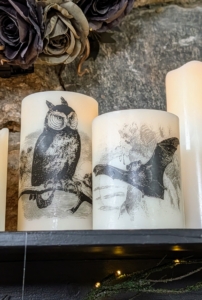 Also great for the mantel are my Halloween Flameless candles in this ivory or in bright Halloween orange - both with softly illuminated designs that add character, warmth, and whimsy.