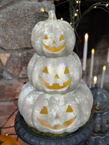 This is one of my Illuminated Indoor/Outdoor Pumpkin Stacks. Display these by the fireplace or out by the front door. Lights can be manually turned on or off or set to a six hour timer. I offer it in this light stone...