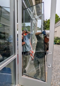 Glass doors replace screen ones to keep heavy rain away.