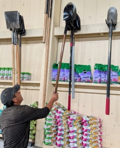 And then hung on sturdy hooks. These hooks store our spades and shovels in all sizes for different jobs.