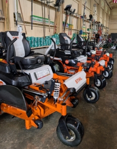 On one side of the Barn, we keep the entire fleet of STIHL mowers. They are all parked together, faced out, during the summer season when they are used daily.