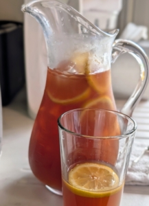 I always offer freshly made iced tea or juice when I host. This is a loose leaf black tea with a light orange blossom flavor.