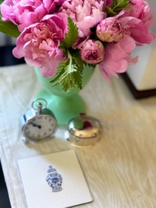 Brian says, "one thing I've learned from Martha is to always be considerate when hosting. If a guest stays at our farm, they’re greeted with fresh flowers from the garden on their nightstand in a jadeite Martha by Mail vase, along with other necessities like an alarm clock and a small silver box for rings or small jewelry." Brian also learned about the engraved paper coasters from Bell’INVITO, a stationer in Dallas, from my American Made initiative which I started in 2012 as a platform to identify, celebrate, and promote American makers.