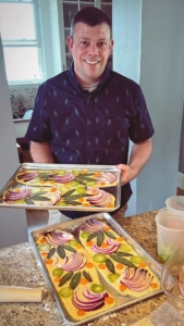 Anthony Picozzi is another devoted supporter. He sent me many photos of things he has cooked, baked, grown, and built - so many inspired by me and my Martha Stewart brand. As a longtime follower and fan, Anthony says, I have inspired almost every aspect of his life - from teaching him how to plan and cultivate gardens, how to bake an amazing pie or cake, how to set a table and entertain, or how to decorate his living spaces." Here he is making vegetable flatbreads from my 100th book, MARTHA:The Cookbook. This is the most popular item in the breadbasket at my restaurant, The Bedford.