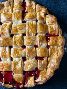 This is a cherry pie Anthony made with freshly picked sour cherries. It's my recipe, of course.