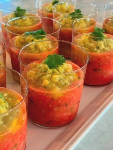 Layered gazpacho, one golden with yellow tomatoes and one ruby red with red heirloom tomatoes. He also added cucumber, celery, parsley, and cilantro. He first tried it at my "Super Fans" spring luncheon last year and was inspired to make it soon after returning home.
