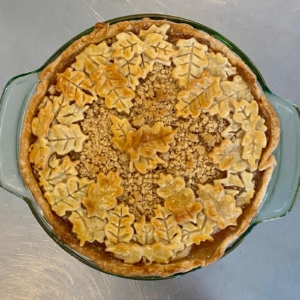 Jake also included a close-up of another pie he made recently, decorated with pastry leaves for autumn. He was so pleased with how it turned out. It, too, is in a Martha Stewart Everyday Collection pie plate.