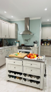 For Jake, Martha’s influence is everywhere. A recent refresh brought together Rainwater-colored walls, Sharkey Gray Martha Stewart cabinetry, and flooring inspired by the marble floors in Martha’s own home. The kitchen is home to some favorite pieces from Martha Stewart Everyday, Martha Stewart Collection, and Martha by Mail.
