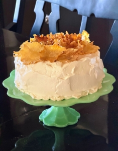 This is my hummingbird cake. My recipe is available online or one can order it pre-made from Goldbelly - five layers of moist cake lightly spiced with cinnamon and ginger, infused with pureed pineapple, shredded carrots, and toasted coconut flakes with a cream cheese frosting.