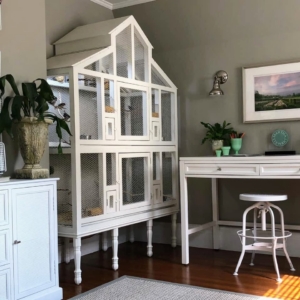 Anthony also has a beautiful bird cage modeled after my own. He added new legs and moldings to it some years ago. It is home to his six finches.