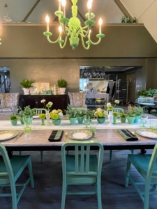 Bernie says their dining area, which is still a work in progress, has jadeite chandeliers from my collection. And remember these green chairs? They were also bought at my Great American Tag Sale.