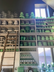 Their own kitchen was inspired by my kitchen. They painted the shelves and cabinets "Bedford Gray," and built it to have floor to ceiling shelves to display their many vintage dish collections.
