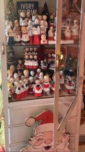 As part of his Christmas decorations collection, Jeremy has these 1950s ceramic choir singers made in Japan. He stores them in a vintage dental cabinet and takes them out for the holidays.