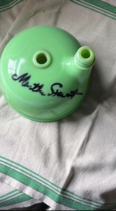 Jeremy attended my Great American Tag Sale in 2022. One of his finds was this jadeite glass kerosene oil lamp - signed by me; a one of a kind.