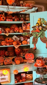 Here are some of Jeremy's 1940s papier-mâché jack-o’-lanterns. Every piece tells a story, inspired by childhood memories.
