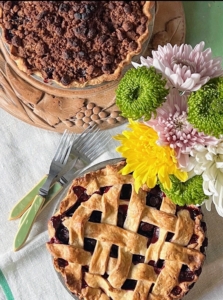 Pies are some of Jeremy's favorite things to bake. These are cherry pies, one with a lattice top, and the other with a crumb topping. He says he loves baking, but "the most important step is eating and enjoying."