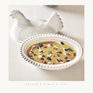 Jordan says, "Martha is part of my everyday in quiet ways. She's in the jadeite I serve on, the milk glass on my shelves, how I set a table and how I keep a kitchen." This is Jordan's squash and pumpkin soup in a milk glass chicken.