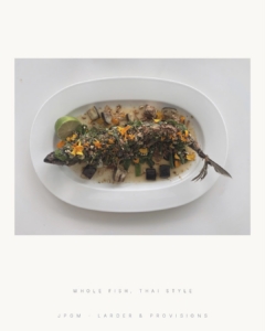 This is whole fish, Thai style. Jordan uses seasonal ingredients, and loves to preserve, and forage. He also gardens and arranges his own cut flowers.