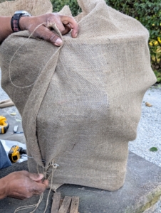He makes small stitches and knots to keep the burlap in place. And then Pete sews the edge closed. The burlap should be sewn tightly, but with some space for air circulation. Because the burlap is exposed to the elements for several months, Pete does this task very carefully.