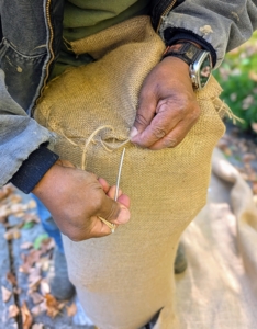 It is wrapped with burlap and sewn closed in the same manner as all the other outdoor urns and garden ornaments.