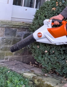 The crew also uses a battery powered handheld blower from STIHL to blow any leaves from the area.